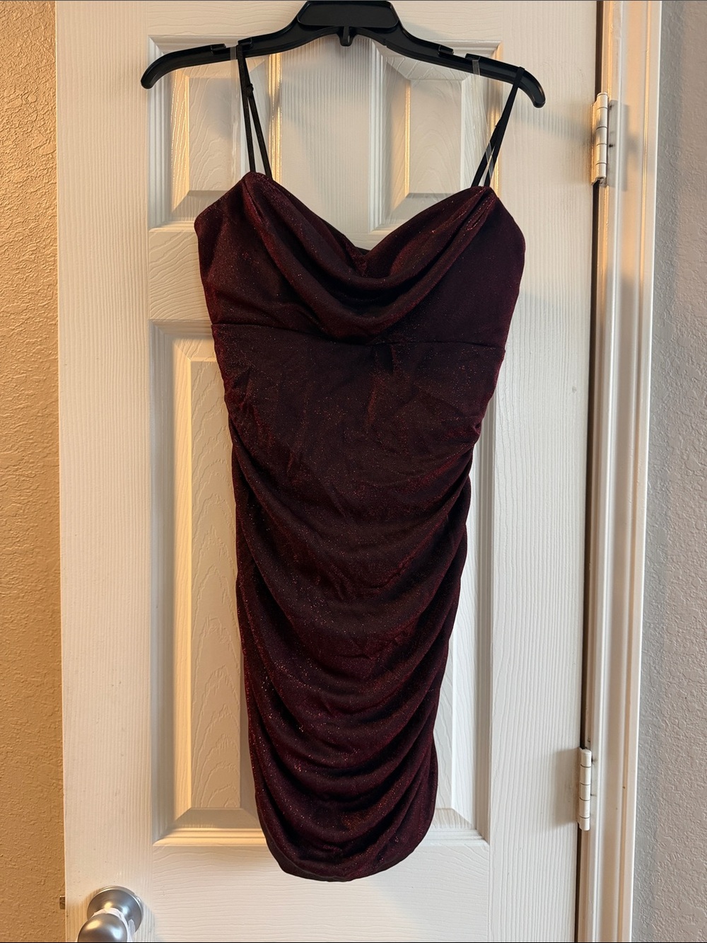 Emerald Sundae Burgundy Shimmer Cowl Neck Mini Dress